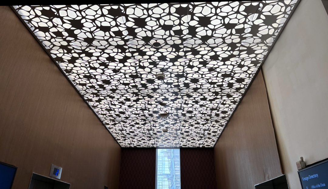 Backlit patterned ceiling panels over a lobby corridor